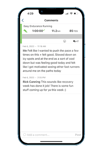 1 Endurance Iphone Mockups Training Peaks app screen speaking to endurance coach